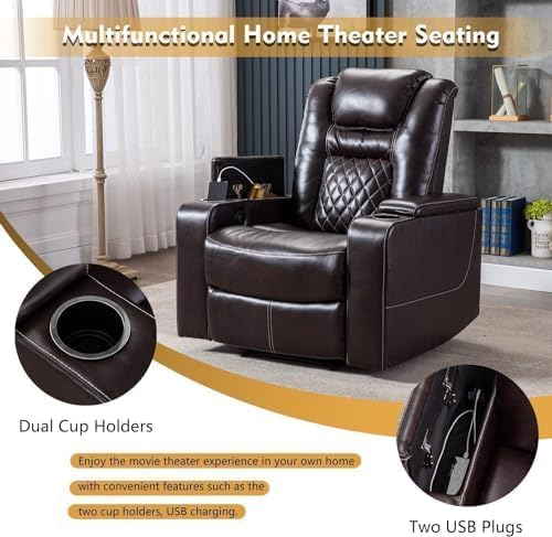 CANMOV Electric Power Recliner Chair Set of 5, Breathable Leather Home Theater Seating with Hidden Arm Storage, Power Recliner Chair for Living Room with USB Ports and Cup Holders,Brown