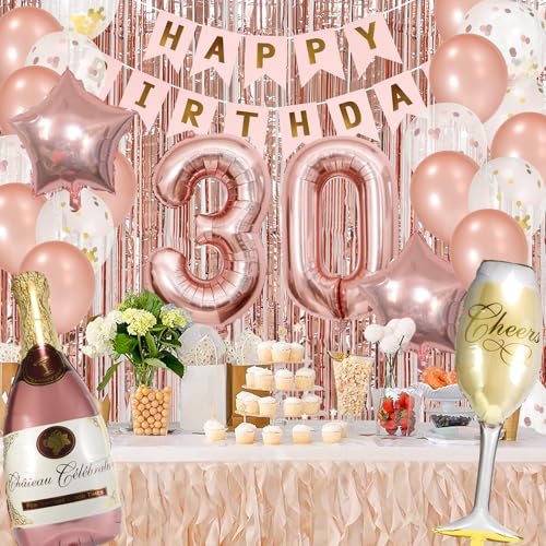 30th Birthday Decorations for Her,Happy 30th Birthday Banner,Backdrop,Crown, Sash,Goblet Balloons, Champagne and Star Ball...