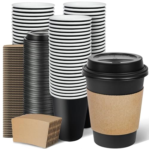 Ginkgo 100 Pack 12 oz Disposable Coffee Cups with Lids and Sleeves, To Go Leak-Proof Black Paper Cups for Picnics, Partie...