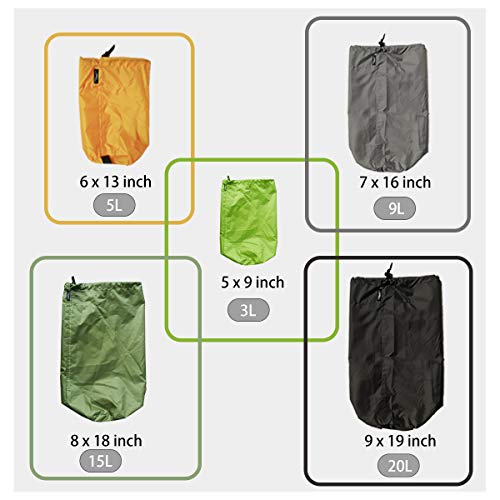 Frelaxy Stuff Sack Set 5-Pack (3L&5L&9L&15L&20L), Ultralight Ditty Bags with Dust Flap for Traveling Hiking Backpacking (N...