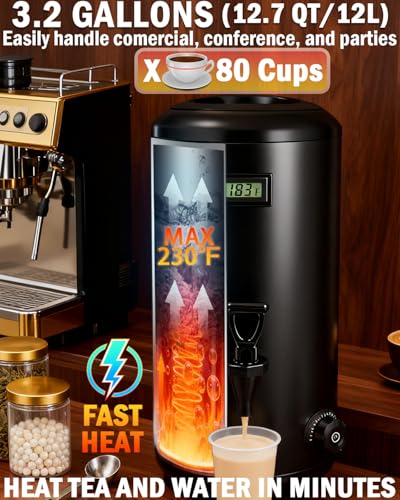 Electric Insulated Beverage Dispenser With Heating – 75 Cup Hot & Cold Drink Water Urn with Spigot – 12 L / 3.2 Gallon Sta...