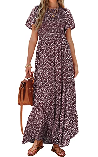 PRETTYGARDEN Women's 2026 Spring Casual Flutter Short Sleeve Boho Floral Maxi Dress Crew Neck Smocked Tiered Long Dresses
