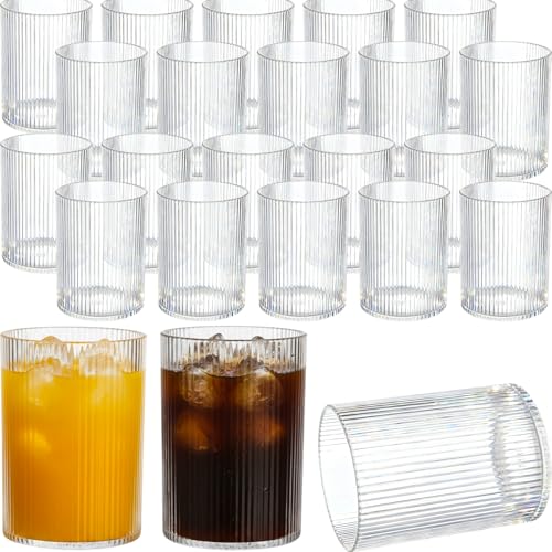 Fiwochic 24 Pack 7oz Reusable Ribbed Plastic Wine Glasses Bulk Clear Vintage Ripple Cups for Cocktail Iced Coffee Highball...