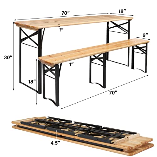 VINGLI 70 Inch Folding Picnic Tables with Benches Set, Weather-Resistant Wooden Beer Garden Table Bench, 3-Piece Portable ...