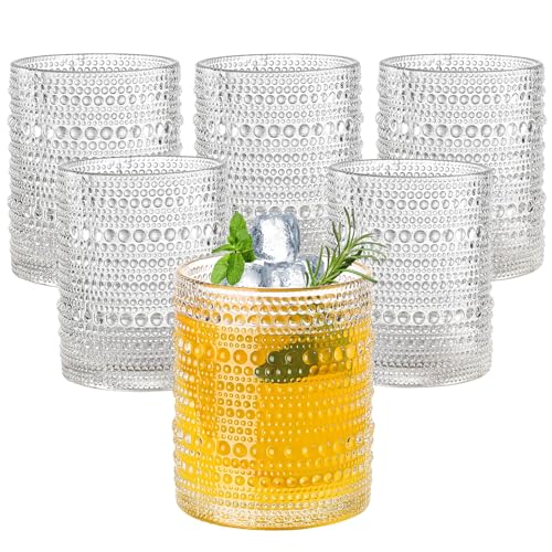 Amyoole 12oz Hobnail Drinking Glasses Set of 6,Clear Vintage Glassware Embossed Water Tumbler,Cocktail Glass Cups for Bee...