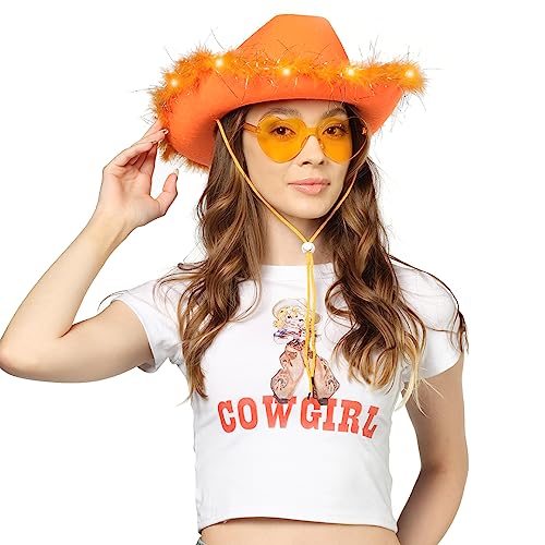 Funcredible Light Up Cowboy Hat and Glasses – LED Cowgirl Hat with Feathers – Cowgirl Costume Accessories for Women