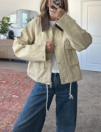 Megfie Womens Cropped Jacket Contrast Collar Utility Coat Cargo Jacket Barn Jacket Outwear with Pockets