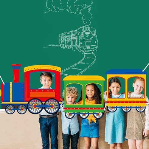 Train Shaped Photo Prop Selfie Frame Party Banner Large Fabric Steam Car Photo Booth Prop Decoration Colorful Train Backgr...