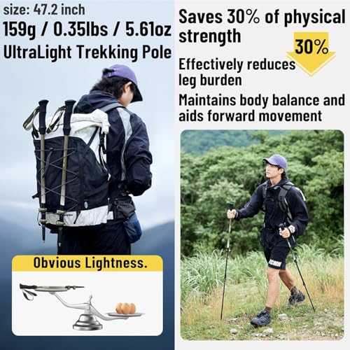 2-Pieces 3K Carbon Fiber Trekking Pole-Collapsible and Telescopic 3 Section Ultralight Hiking Pole for Women Men Walking P...