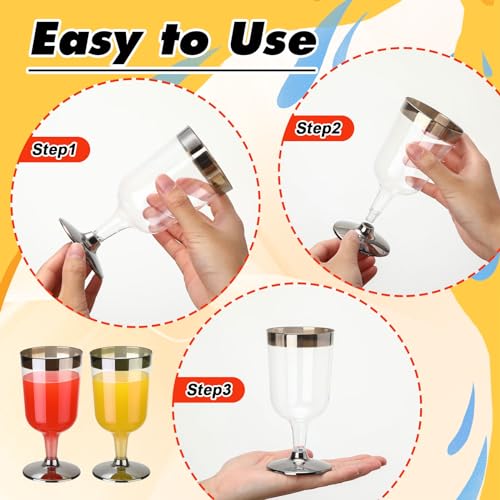 Uiifan 6 oz Plastic Wine Glasses, 100 Pcs, Reusable, Clear with Silver Rim, for Wedding, Birthday, Champagne Party Supplies