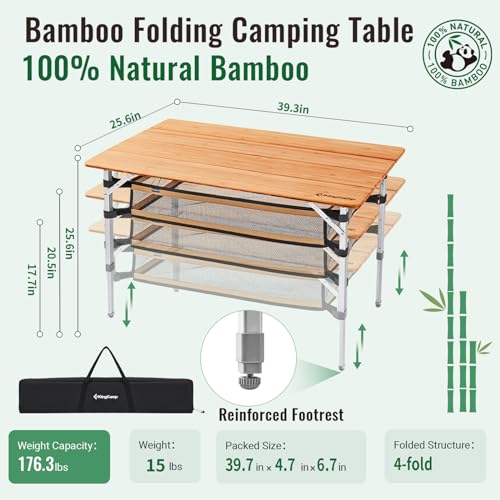 KingCamp Bamboo Folding Table with Storage Mesh Layer & Padded Oversized Camping Chair