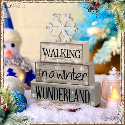 Moucuny 4 Pcs Winter Table Decorations Wooden Snowflake Decor Winter Tiered Snow Tray Decor Rustic Block Signs Gift Farmho...