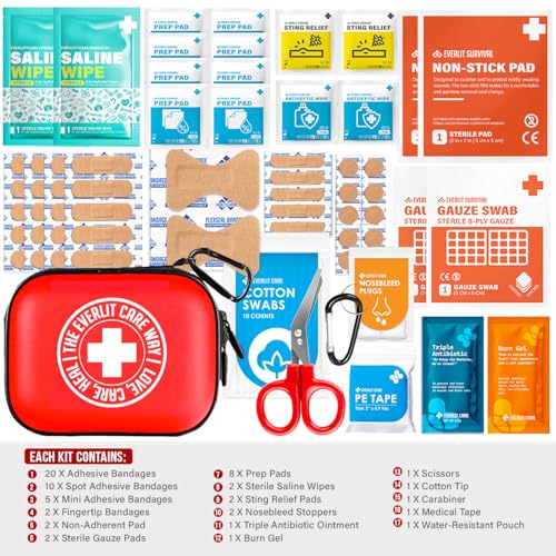 EVERLIT CARE MiniAid First Aid Kit | Compact & Lightweight Case with Carabiners for Travel | Family & Kid Friendly 180 Pcs...