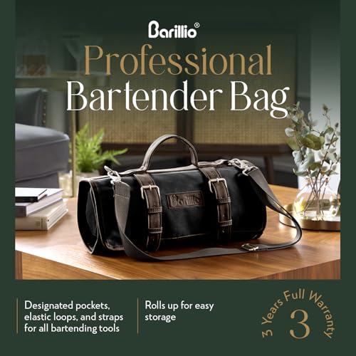 Barillio Bartender Bag (Without Tools) - Stylish, Waxed Canvas, Roll Up Traveling Bar Bag for Carrying Bar Tools and Cockt...