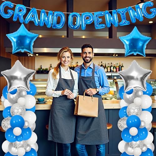 JOYMEMO Grand Opening Decorations Blue - Balloon Arch Garland Kit with Grand Opening Banner, Star Balloons for New Busines...