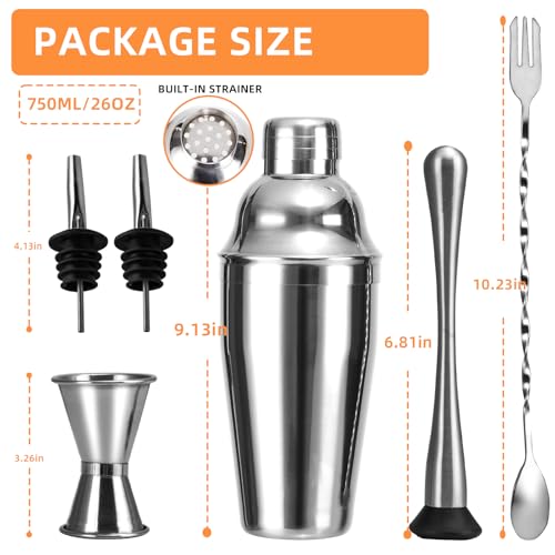 WELKOR 6 Piece 26oz Professional Cocktail Shaker Set with Built-in Strainer,Martini and Margarita Shaker for Home Bar, Bos...