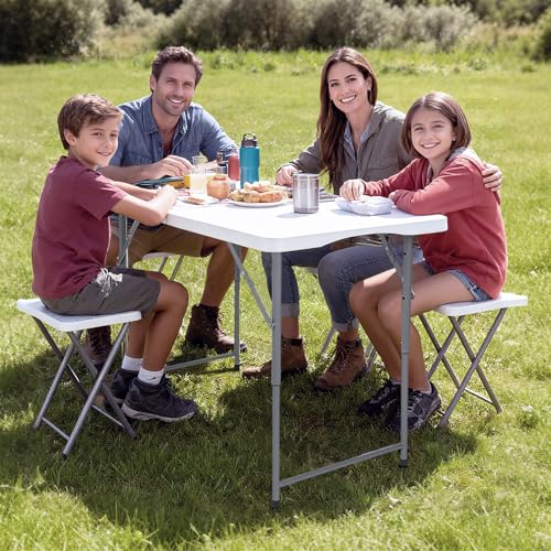 Lakhow Folding Table 4-Foot Heavy Duty Plastic Utility Table Portable Thick Table Top Indoor Outdoor Adjustable Height wit...