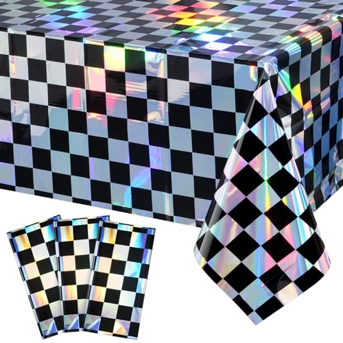 3Pack Black and Iridescent Checkered Plastic Tablecloth, Shiny Disposable Laser Rectangle Table Covers, Holographic Foil T...