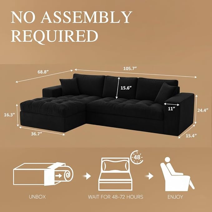 NAYA 106” Modular Sectional Sofa, Cloud Sectional Couch with Deep Seat, Modern Modular L-Shape Sofa Boneless Couch with Chaise for Living Room Bedroom (Black, Cloudy Sofa with Left Facing Chaise)
