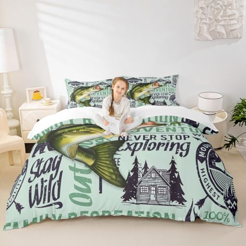 Fishing Adventure Duvet Cover Set Twin, Summer Camping Bedding Set 2pcs for Kids Teens Adults Room Decor,Black Sketch Farm...