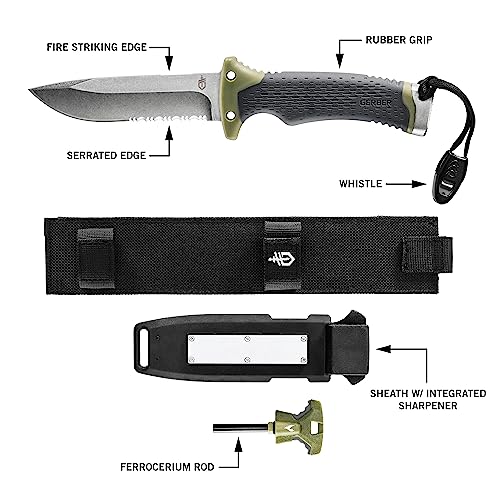 Gerber Gear Ultimate Survival Knife, Fixed Blade Knife with Combo Edge, includes Fire Starter Edge and Ferro Rod, Whistle,...