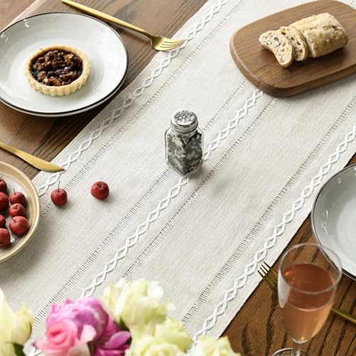 Artoid Mode Beige Rustic Cotton Linen Table Runner, Seasonal Embroidered Hollow Kitchen Dining Table Decoration for Home P...