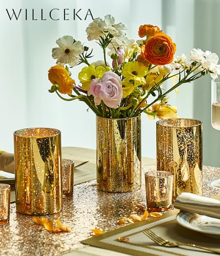 Willceka Gold Cylinder Vases for Centerpieces, Modern Glass Vase Set of 12 Decorative Hurricane Candle Holder for Pillar C...