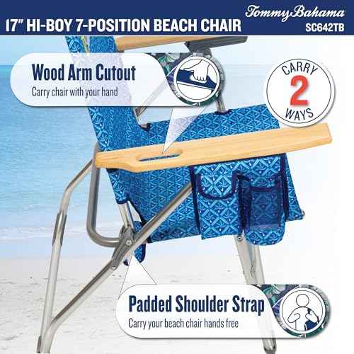 Tommy Bahama Hi-Boy 7-Position Folding Beach Chair with Cup Holder and Zippered Storage Pouch