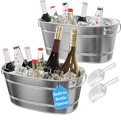 2 Pack Galvanized Tub with Handles - Beverage Tub with 2 Ice Scoops, 3 Gallon Ice Bucket for Parties, Metal Drink Buckets ...