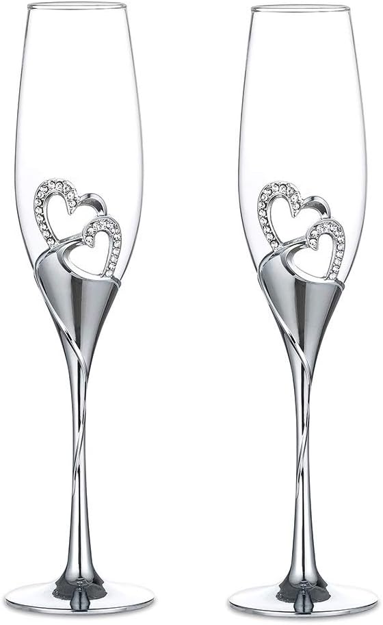 Sziqiqi Wedding Champagne Glass Set Silver Toasting Flute Glasses Pack of 2 with Rhinestone Rimmed Hearts Decoration for W...