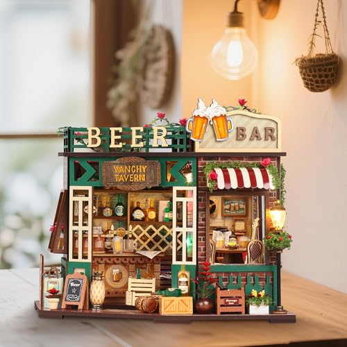 Splashora DIY Miniature Dollhouse Tavern Dollhouse Kit, Beer Bar with LED Lights, Retro Decor,Tiny House Building DIY Craf...
