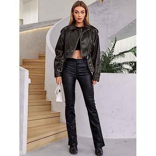 LY VAREY LIN Women Faux Leather Cropped Jacket Lapel Zipper Biker Short Coat with Belt