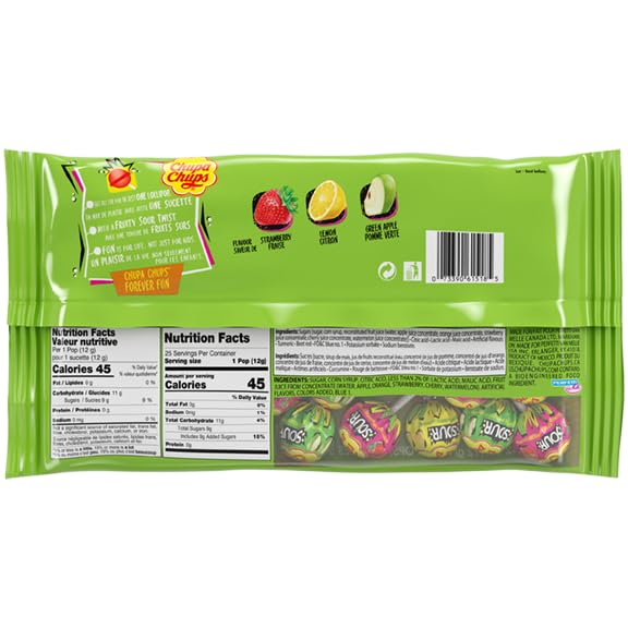 Chupa Chups Sour Fruit Lollipop Assortment, 3 Sour Flavors, Individually Wrapped Candy for Kids, 10.5 OZ Bag (25 Suckers) (Pack of 2)