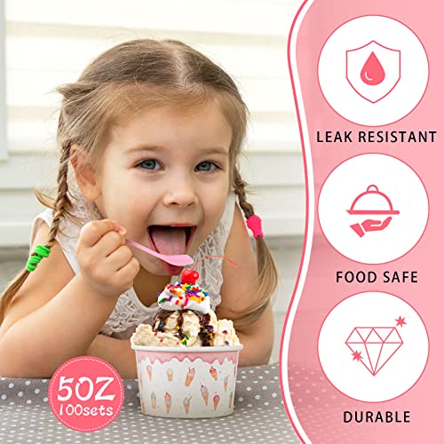 Gerrii 100 Set Ice Cream Cups with Spoons 8oz Ice Cream Bar Supplies Colorful Disposable Dessert Cups Sundae Containers De...