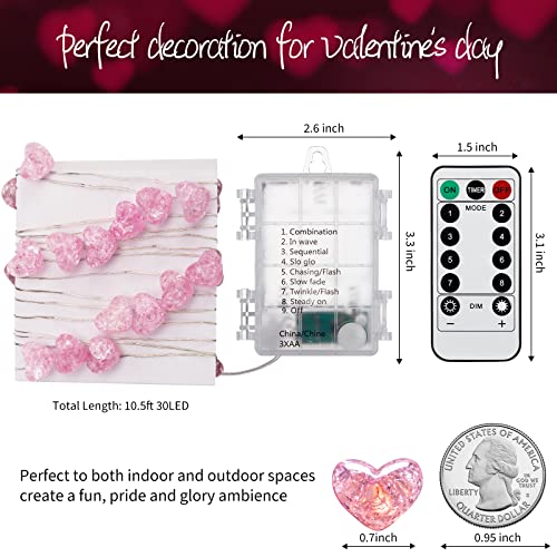 Valentine’s Day Fairy String Lights - 10.5 ft 30 LED Pink Heart Battery Operated Fairy Lights with Timer and Remote, Twink...