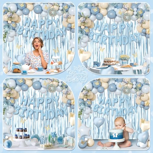 Blue Birthday Decorations, Dusty blue Sand White Confetti Foil Balloons Happy Birthday Banner Gold Butterfly Fringe Curtai...