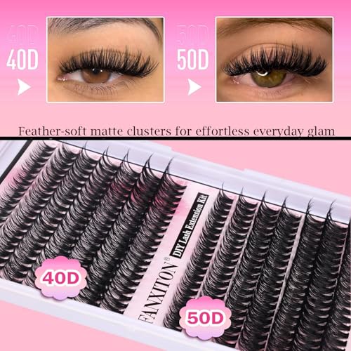 FANXITON DIY Individual Eyelash Extension Kit, Thick Volume Lash Clusters 40D+50D D Curvature, 280 Pieces Thin Band Cluste...