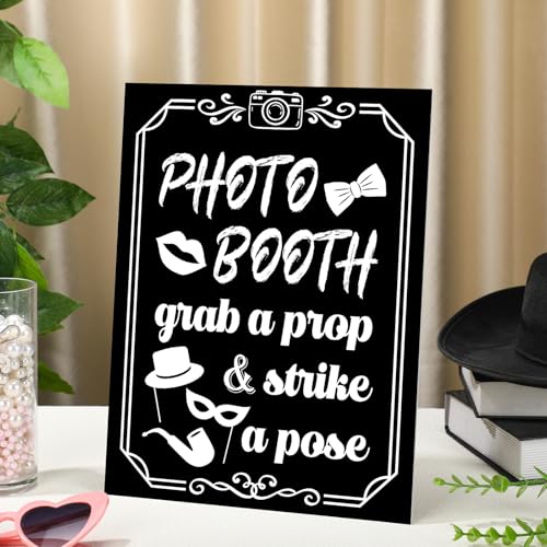 Briwooody Photo Booth Sign with Stand Retro Background Table for Indoor and Outdoor Party Theme Event Photography Props De...