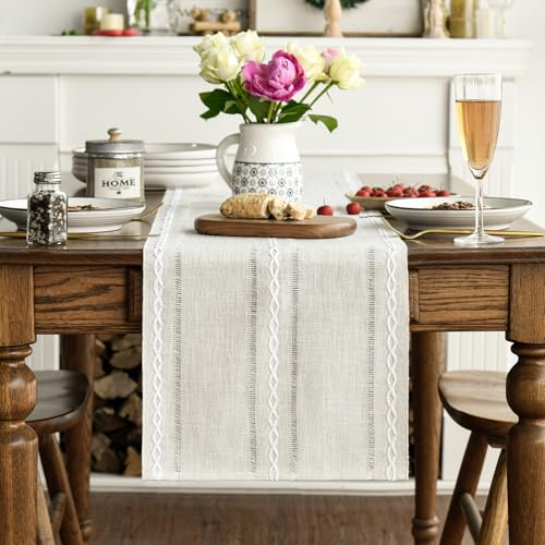 Artoid Mode Beige Rustic Cotton Linen Table Runner, Seasonal Embroidered Hollow Kitchen Dining Table Decoration for Home P...