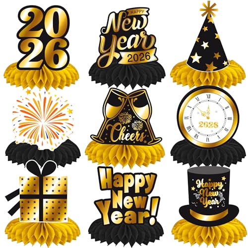 Happy New Year Honeycomb Centerpieces 2026 New Year's Eve Table Decorations 12Pcs New Year Theme Party Supplies Black and ...