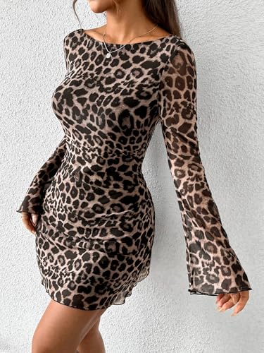 WDIRARA Women's Y2k Leopard Print Dress Mesh Bell Long Sleeve Backless Mini Dresses