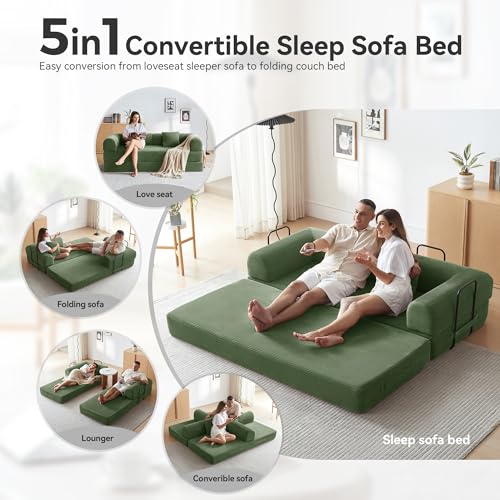 QQR Convertible Floor Sofa Bed with Fixed-Shape Frame, King Size Floor Sleeper 5-in-1 DIY Combination Modular Sofa, Modular Chenille Folding Mattress Couch for Living Room Bedroom Playroom (Green)