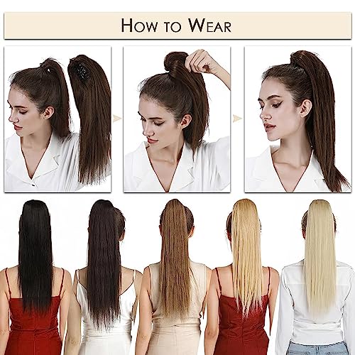 MY-LADY Ponytail Extension Human Hair Claw Clip in Ponytail Hair Extension Long Straight Pony Tail Hair Extensions Real Human Hair for Women Golden Brown & Bleach Blonde 16 Inch 105g