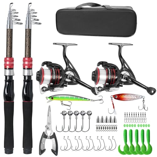 Carbon Fiber Fishing Pole Combo Set -2PACK 2.1m/6.89ft Spinning Reel, 57pcs Accessories Kit for Saltwater & Freshwater Fis...