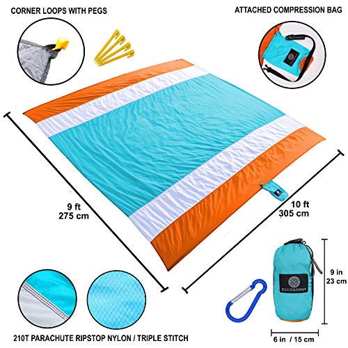 ECCOSOPHY Sandproof Beach Blanket - Oversized Sand Free Beach Mat 9'x10' - Lightweight Outdoor Picnic Blanket Anchored wit...