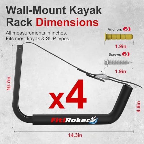 FitiRoker Kayak Storage Rack – 100LB Heavy Duty Kayak Wall Mount with Foam Padding & Straps | Kayak Rack for Garage, Wall ...