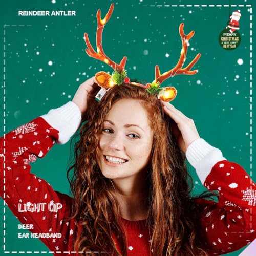 Olbye Led Deer Antlers Headband Women’s Deer Costume Accessories Light Up Fawn Horn Headband Reindeer Antler Headpiece Hal...