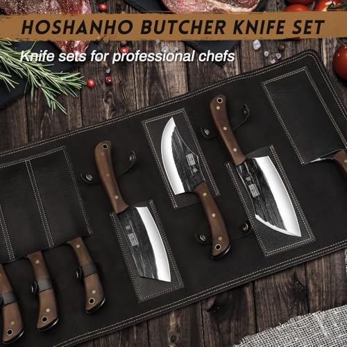 HOSHANHO Butcher Knife Set, Hand Forged Butcher Chef Knife Set with Roll Bag, Sharp Meat Cleaver Knife & Bone Chopper Kniv...