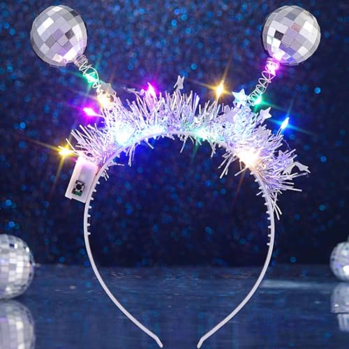 DRESBE Light Up Disco Ball Headband Silver LED Alien Headbands Glow Party Hair Accessories for Women