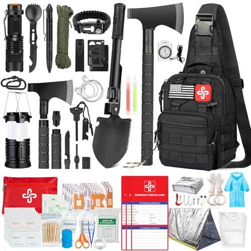 Survival Kit, 262Pcs Survival Gear and Supplies with First Aid Kit Pouch and Crossbody Bag, Emergency Kit with Tent, Campi...